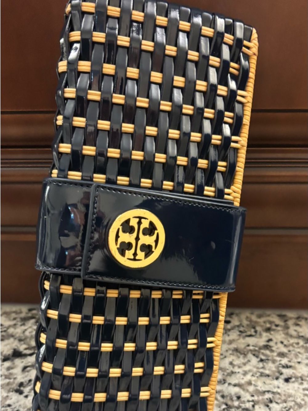 Tory Burch Navy and Tan Woven Clutch